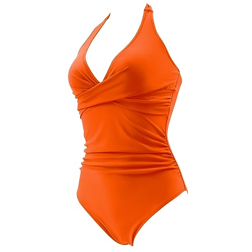 SUUKSESS Women Sexy Tummy Control One Piece Swimsuits Halter Push Up Monokini Bathing Suits (Orange, L)