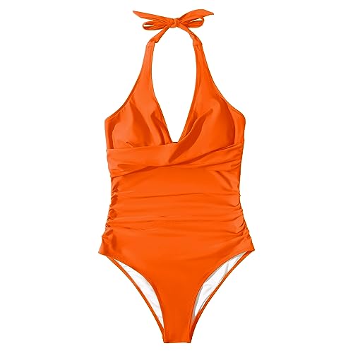 SUUKSESS Women Sexy Tummy Control One Piece Swimsuits Halter Push Up Monokini Bathing Suits (Orange, L)