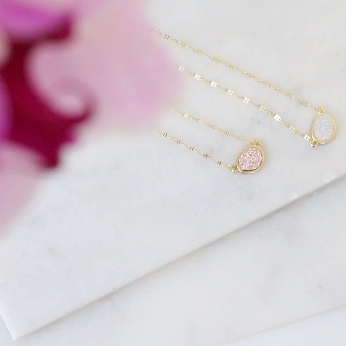 Humble Chic Simulated Druzy Delicate Necklace - Gold-Tone Dainty Chain-Link Simple Pendant - Oval Created Geode Stone Charm, Gold - White Created Opal