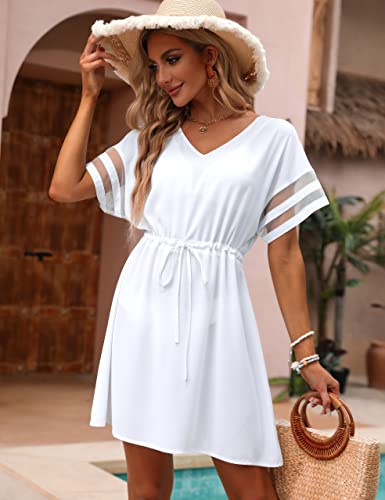 BMJL Womens Swimsuit Coverup Beach Dress V Neck Chiffon Bathing Suit Cover Ups Swimwear (White, M)