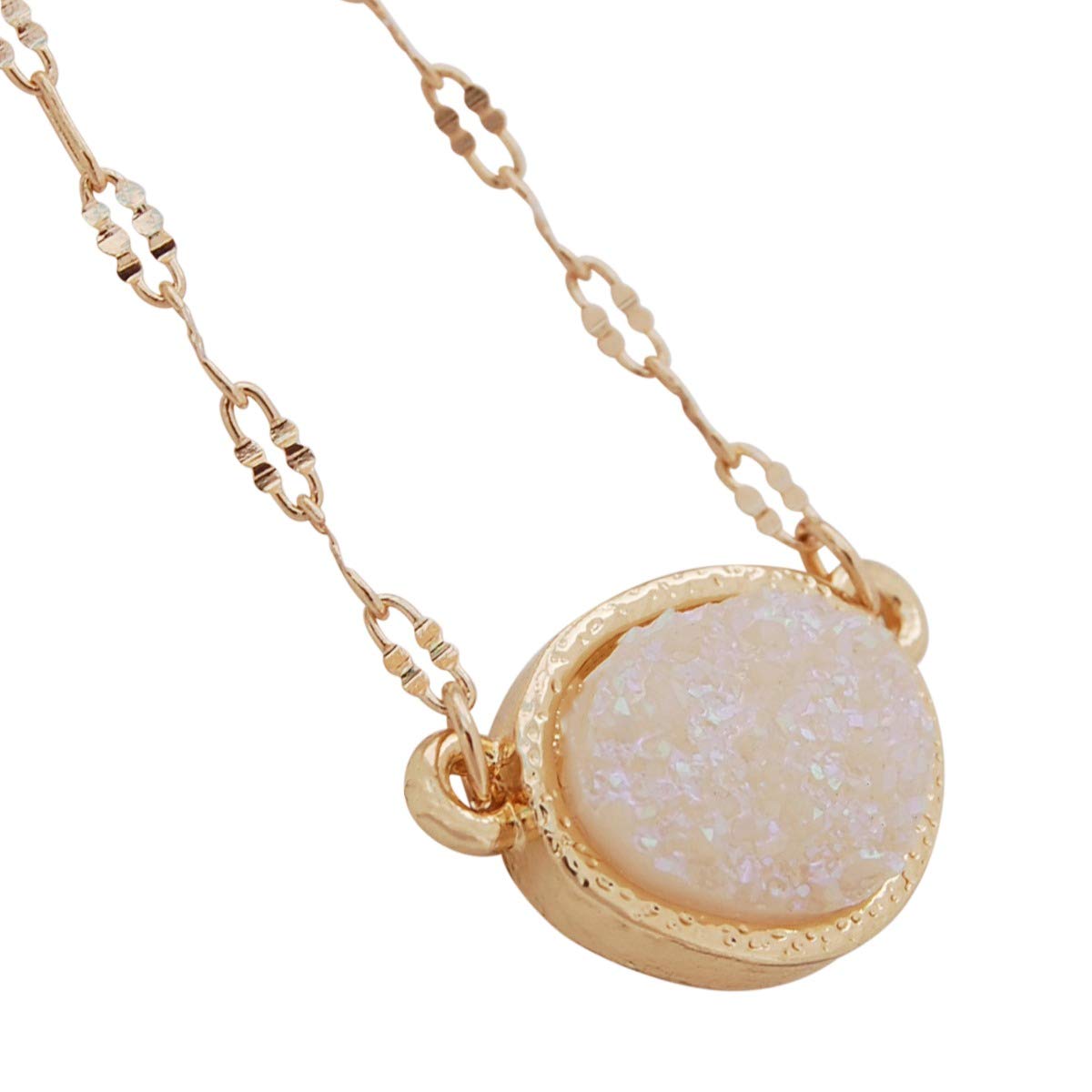 Humble Chic Simulated Druzy Delicate Necklace - Gold-Tone Dainty Chain-Link Simple Pendant - Oval Created Geode Stone Charm, Gold - White Created Opal