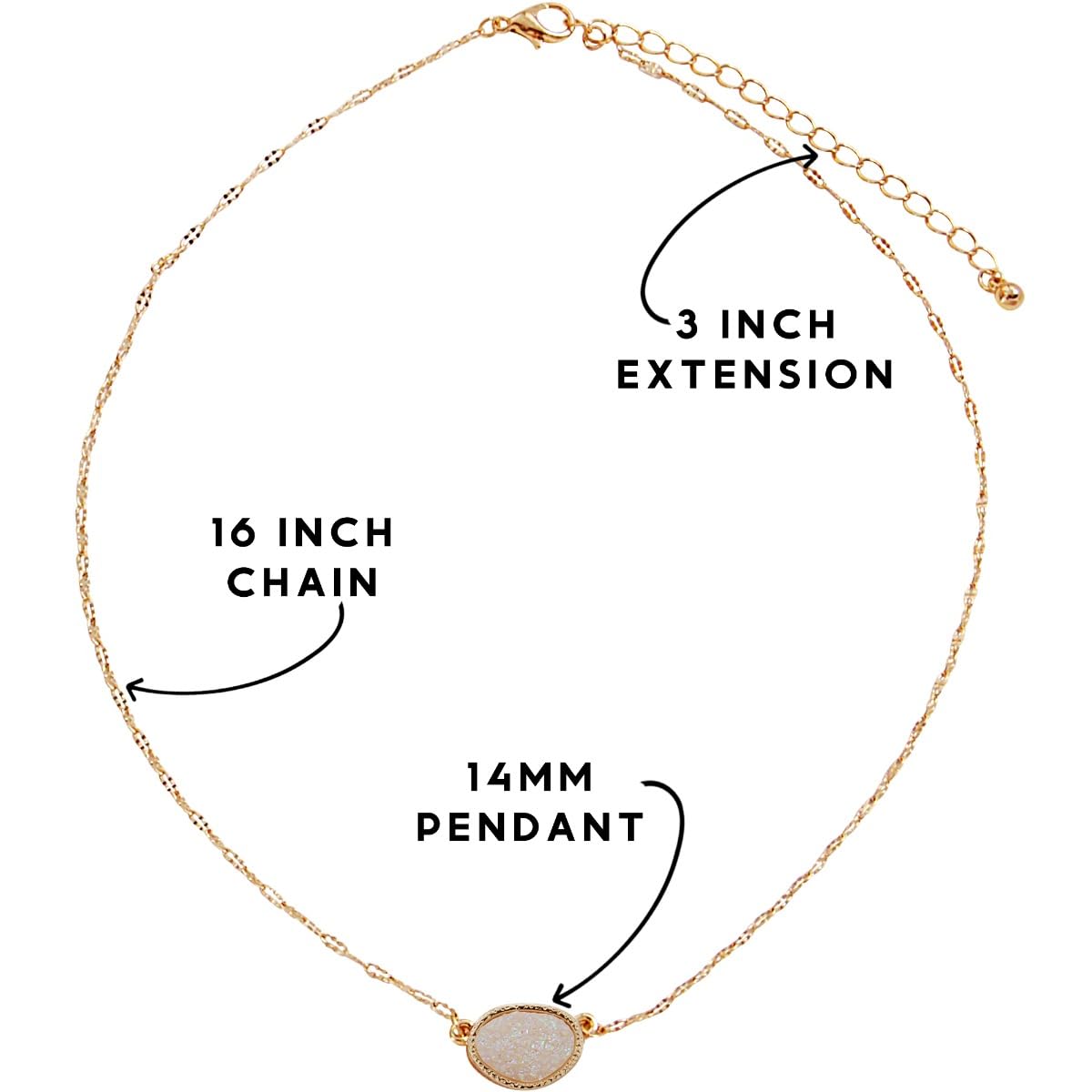 Humble Chic Simulated Druzy Delicate Necklace - Gold-Tone Dainty Chain-Link Simple Pendant - Oval Created Geode Stone Charm, Gold - White Created Opal