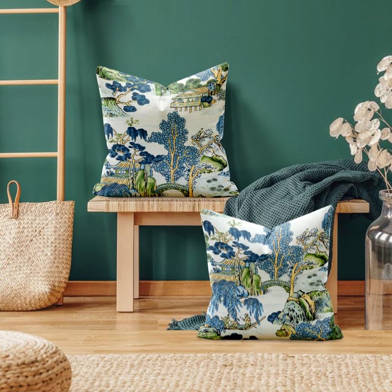 HUBUYTEFE Chinoiserie Pillow Covers 18x18 Set of 2,Pillow Covers Outdoor Decorative Linen Pillow Covers for Couch Bed Sofa Cushion Farmhouse Pillowcases