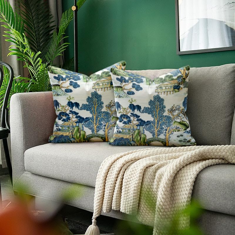HUBUYTEFE Chinoiserie Pillow Covers 18x18 Set of 2,Pillow Covers Outdoor Decorative Linen Pillow Covers for Couch Bed Sofa Cushion Farmhouse Pillowcases