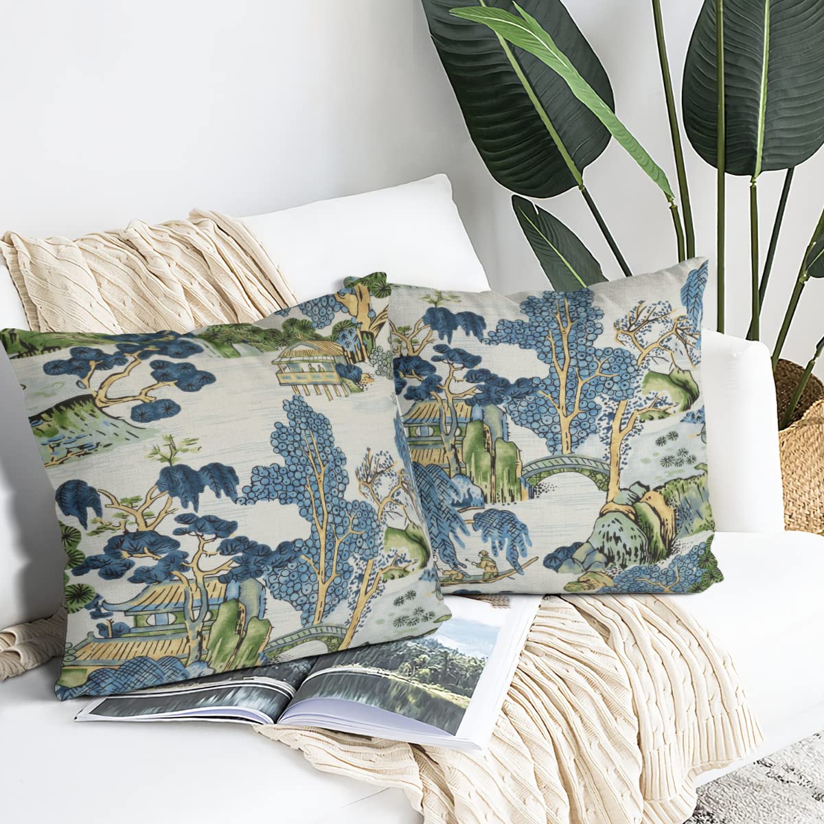 HUBUYTEFE Chinoiserie Pillow Covers 18x18 Set of 2,Pillow Covers Outdoor Decorative Linen Pillow Covers for Couch Bed Sofa Cushion Farmhouse Pillowcases