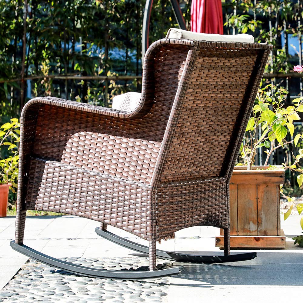 SUNSITT Outdoor Resin Wicker Rocking Chair with Olefin Cushions, Patio Yard Furniture Club Rocker Chair, Brown Wicker & Beige Cushions