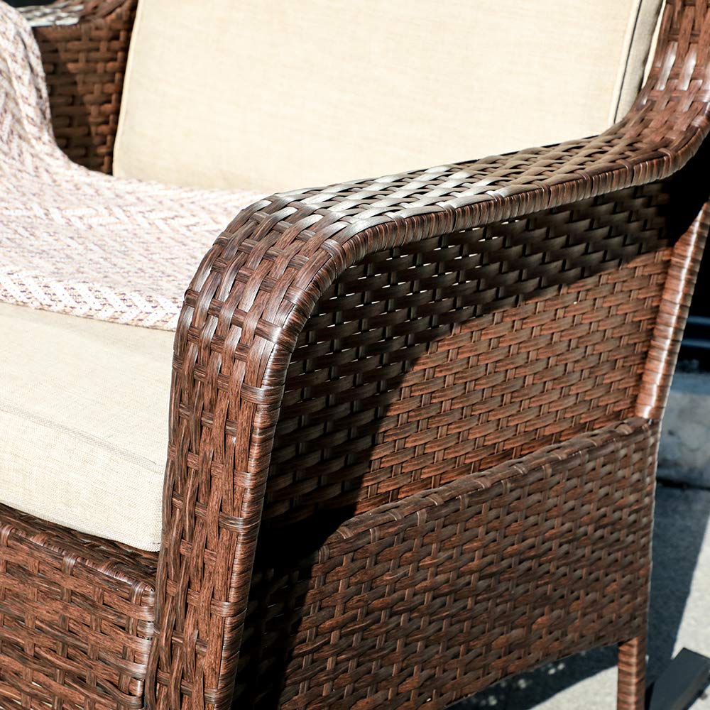 SUNSITT Outdoor Resin Wicker Rocking Chair with Olefin Cushions, Patio Yard Furniture Club Rocker Chair, Brown Wicker & Beige Cushions