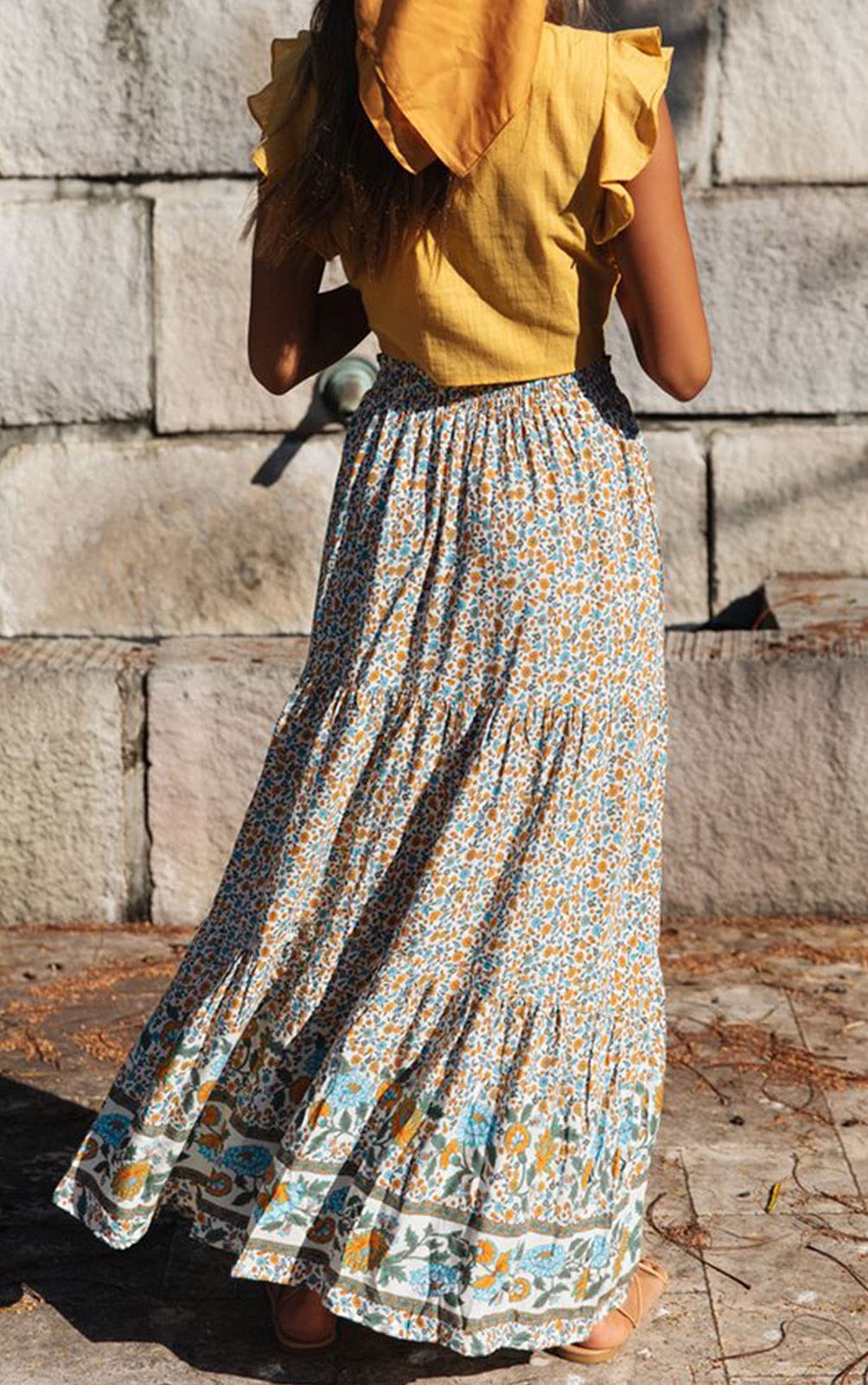 ZESICA Women's 2024 Bohemian Floral Printed Elastic Waist A Line Maxi Skirt with Pockets,Cream,Medium