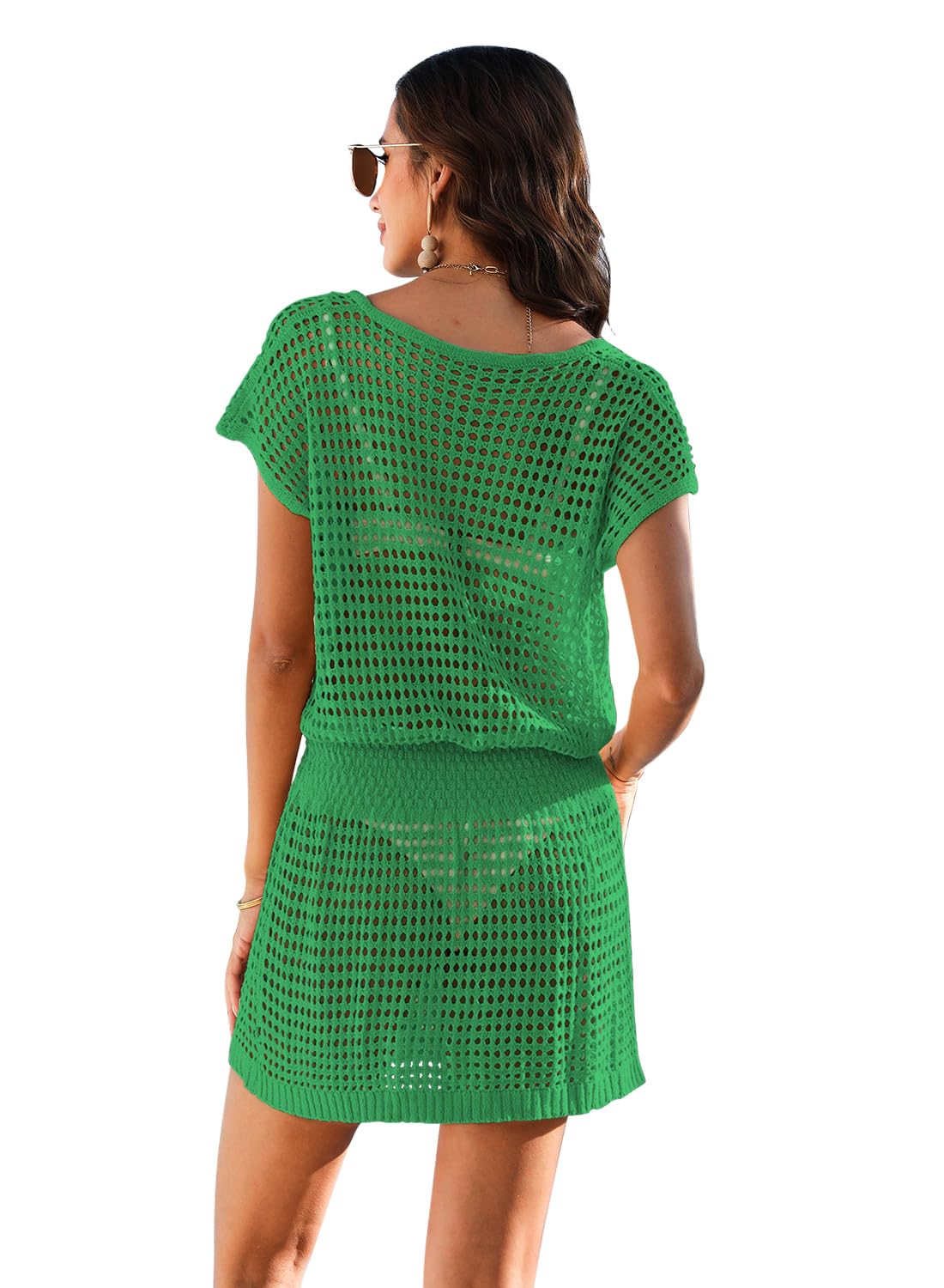 Hount Swimsuit Cover Up Dress for Women Short Sleeve See Through Swimsuit Cover Up Emerald Green L