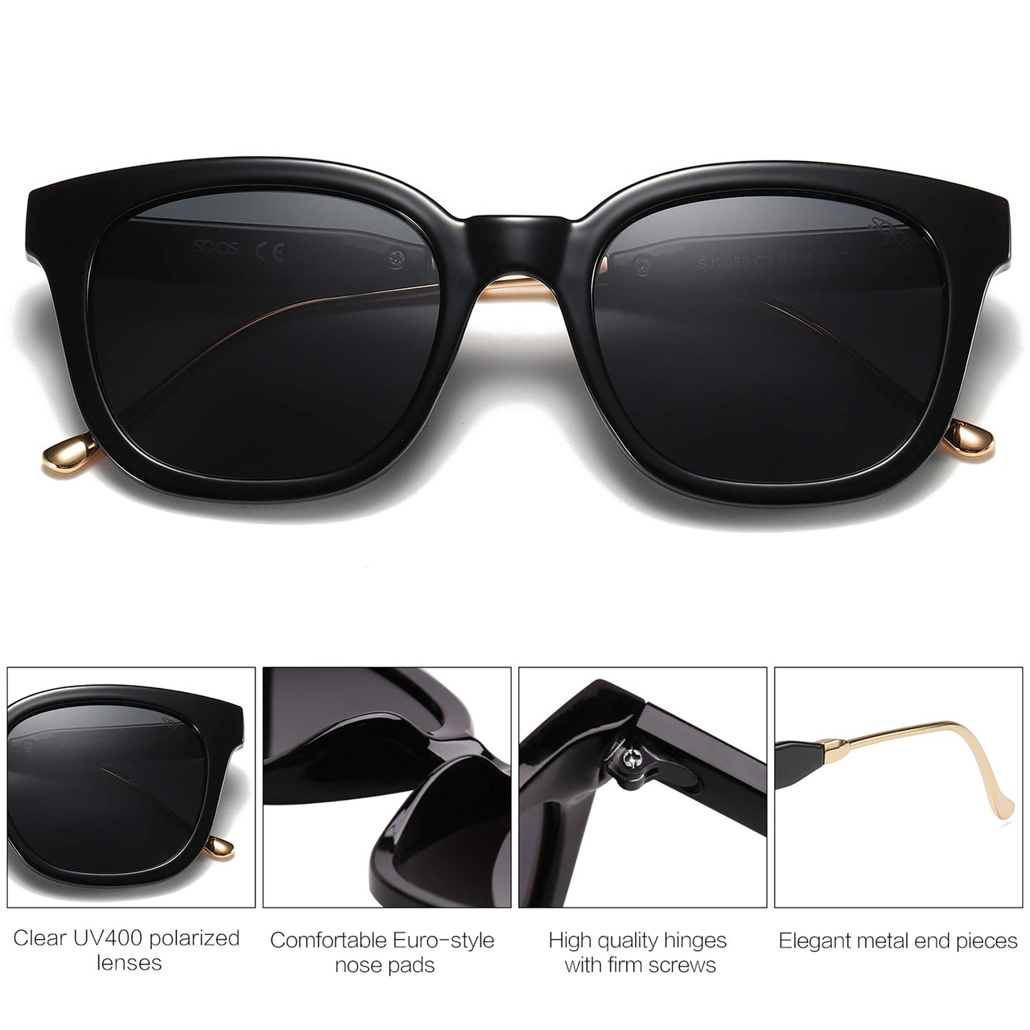 SOJOS Classic Square Polarized Sunglasses Womens Mens Retro Trendy Shades UV400 Sunnies, Black/Black