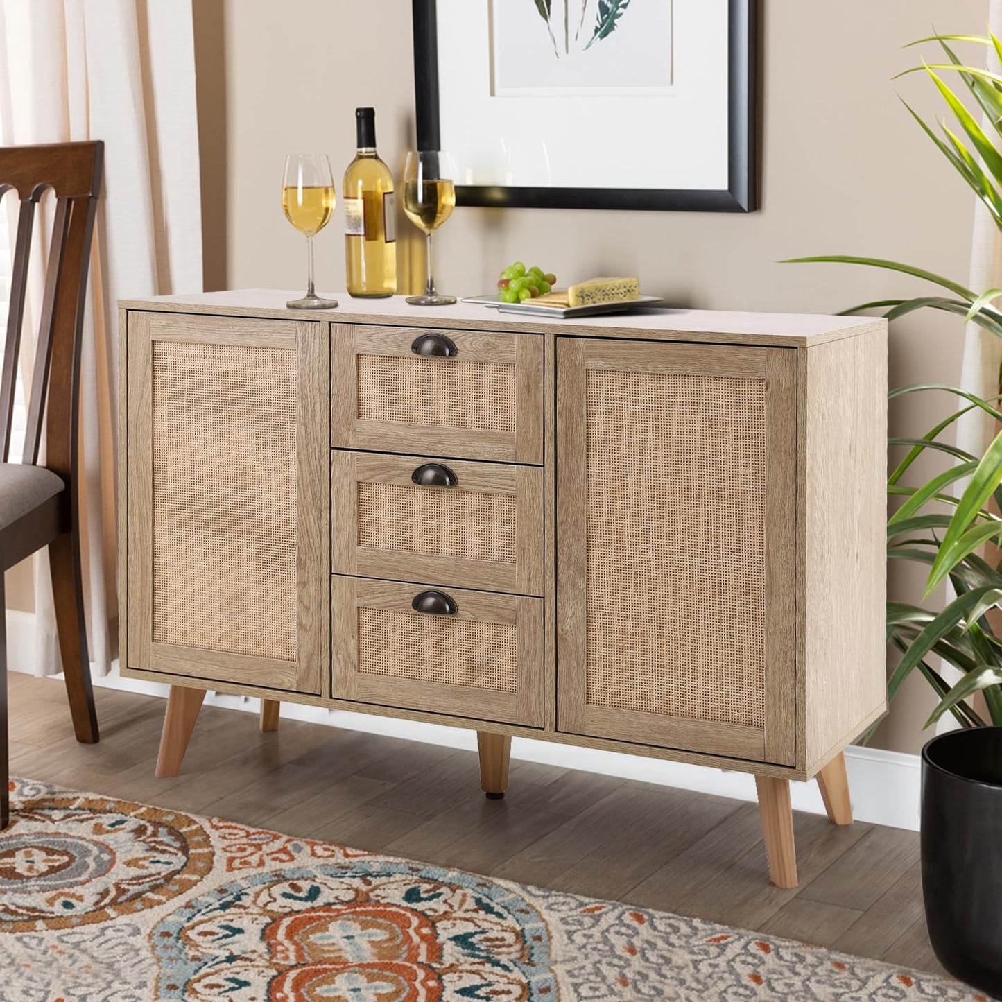 Sophia & William Rattan Cabinet, Sideboard Buffet Storage Cabinet with Doors & Drawers for Dining Room Living Room