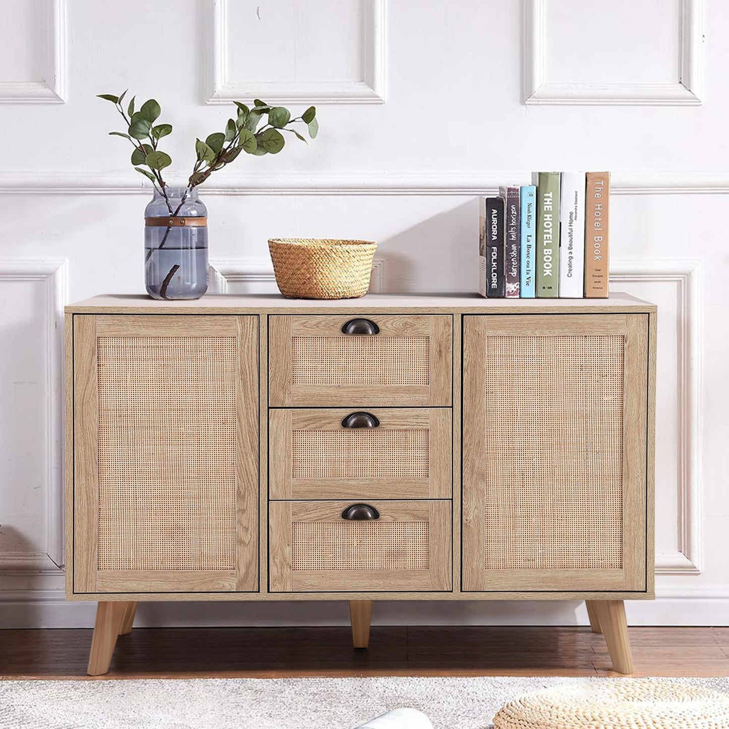 Sophia & William Rattan Cabinet, Sideboard Buffet Storage Cabinet with Doors & Drawers for Dining Room Living Room