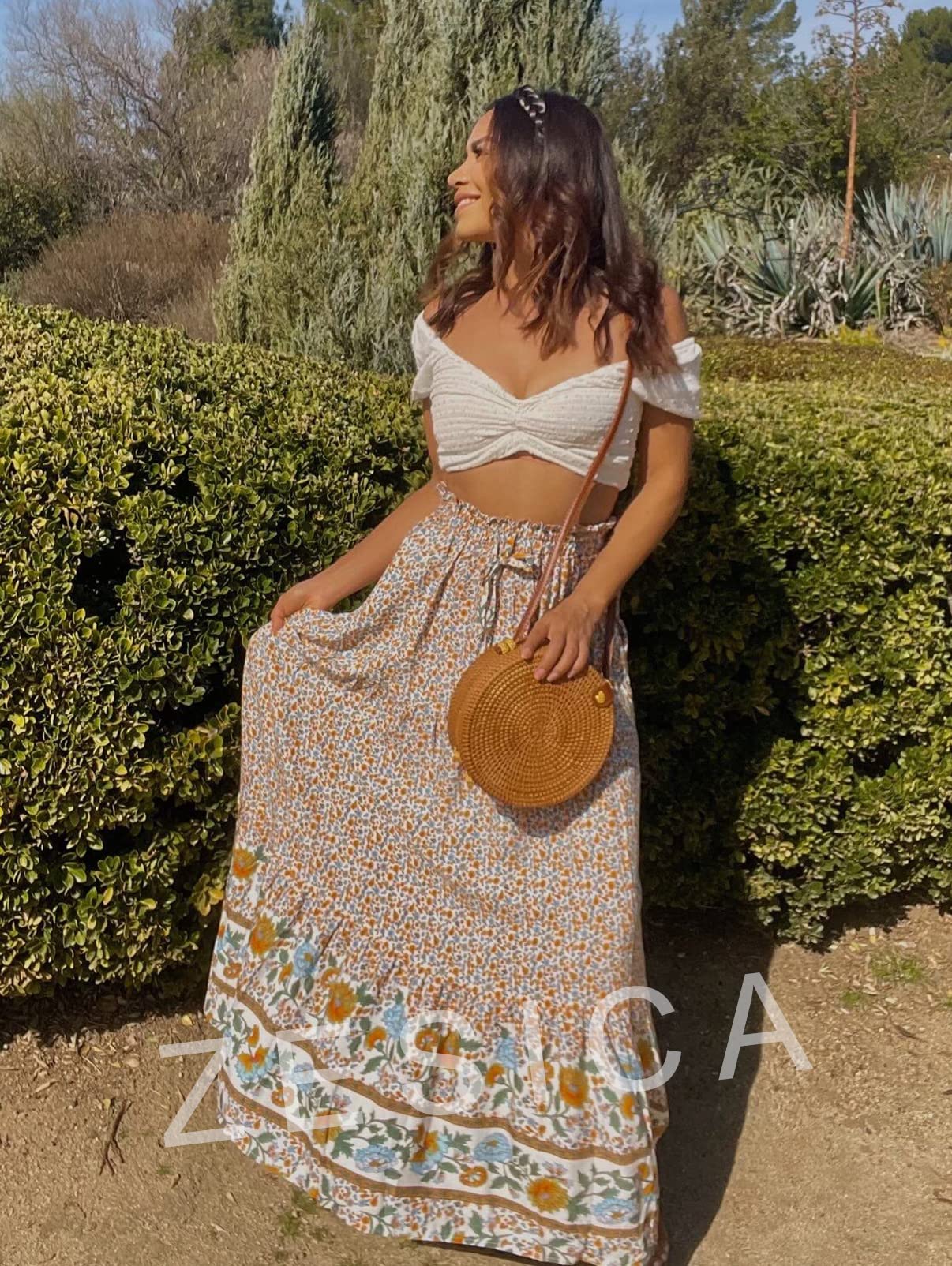ZESICA Women's 2024 Bohemian Floral Printed Elastic Waist A Line Maxi Skirt with Pockets,Cream,Medium