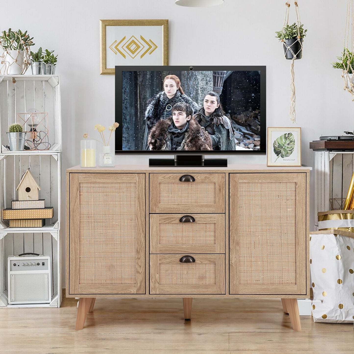 Sophia & William Rattan Cabinet, Sideboard Buffet Storage Cabinet with Doors & Drawers for Dining Room Living Room
