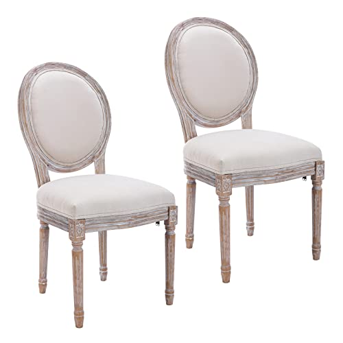 COLAMY French Country Vintage Dining Chairs with Round Back, Set of 2, Solid Wood Legs, Accent Side, Upholstered for Farmhouse, Dining Room, Kitchen/Living Room/Bedroom-Classic Beige