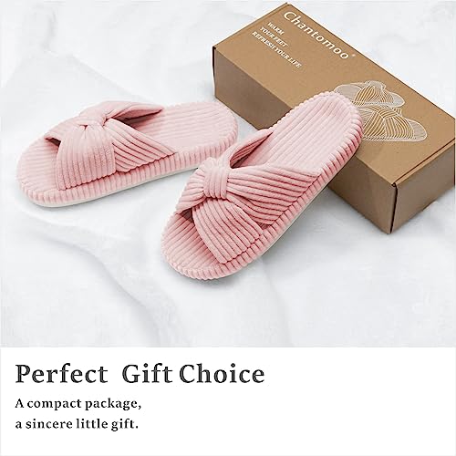 Chantomoo Slippers for Women Memory Foam House Bedroom Corduroy Bow Crossbands Slide Slipper Shoes Comfy Trendy Gift Slippers Pink Size7 8 6.5