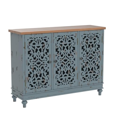 Sophia & William Sideboard and Buffet with Storage, 3-Door Hollow-Carved Accent Cabinet, Distressed Wood Storage Cabinet Cupboard for Kitchen, Dining Room, Living Room, Entryway, Blue