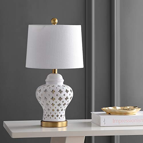 JONATHAN Y JYL6210A Quatrefoil Fretwork 20.5" Ginger Jar LED Table Lamp Glam White Bedside Nightstand Bedroom Living Room