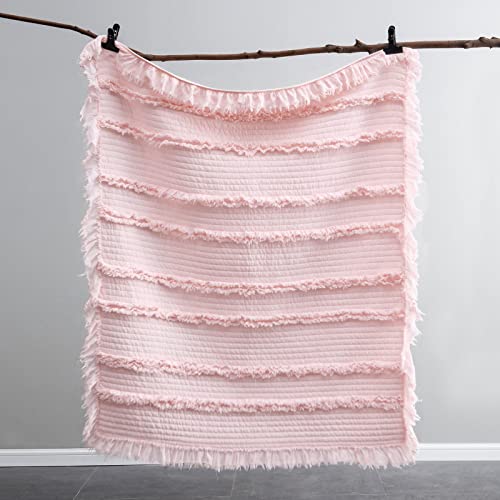 Ultra Soft Pre-Washed Quilted Throw Blanket, Ruffle Fringed Pink Boho Decorative Throw, Stone Washed Chic Rustic Blanket for Sofa Couch Bed Chair, 50"x 60"