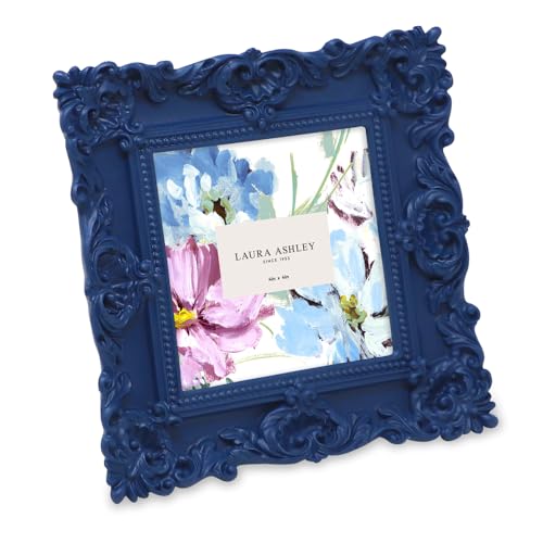 Laura Ashley Ornate Textured Hand-Crafted Resin Picture Frame with Easel & Hook for Tabletop & Wall Display, Decorative Floral Design Home Décor, Photo Gallery, Art, More (4x4, Navy)