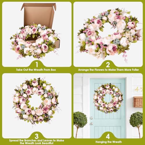 Front Door Wreath, 22 Inch Spring Wreath Handmade Peony Rose Door Summer Wreath for Outdoor Front Door, Wall and Window Decor