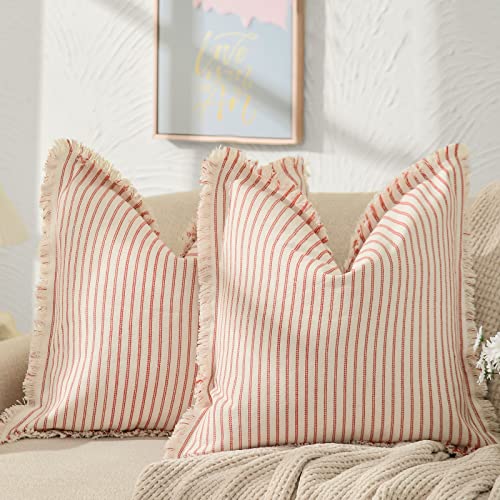 Chic Striped Throw Pillow Covers with Fringe 18”x18” Set of 2