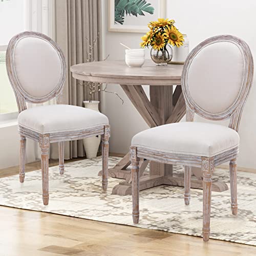 COLAMY French Country Vintage Dining Chairs with Round Back, Set of 2, Solid Wood Legs, Accent Side, Upholstered for Farmhouse, Dining Room, Kitchen/Living Room/Bedroom-Classic Beige