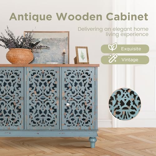 Sophia & William Sideboard and Buffet with Storage, 3-Door Hollow-Carved Accent Cabinet, Distressed Wood Storage Cabinet Cupboard for Kitchen, Dining Room, Living Room, Entryway, Blue