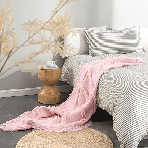 Ultra Soft Pre-Washed Quilted Throw Blanket, Ruffle Fringed Pink Boho Decorative Throw, Stone Washed Chic Rustic Blanket for Sofa Couch Bed Chair, 50"x 60"