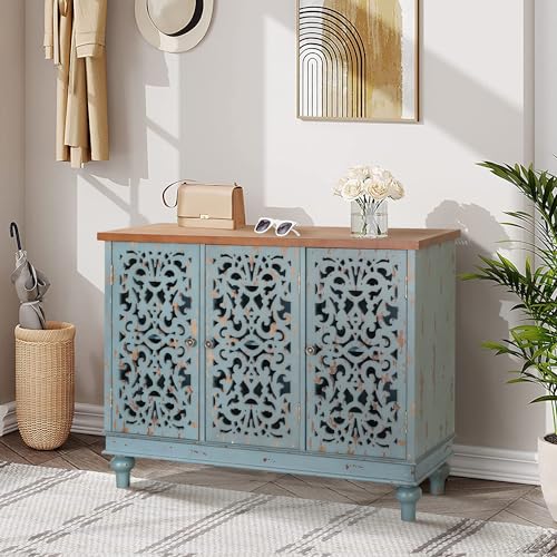 Sophia & William Sideboard and Buffet with Storage, 3-Door Hollow-Carved Accent Cabinet, Distressed Wood Storage Cabinet Cupboard for Kitchen, Dining Room, Living Room, Entryway, Blue