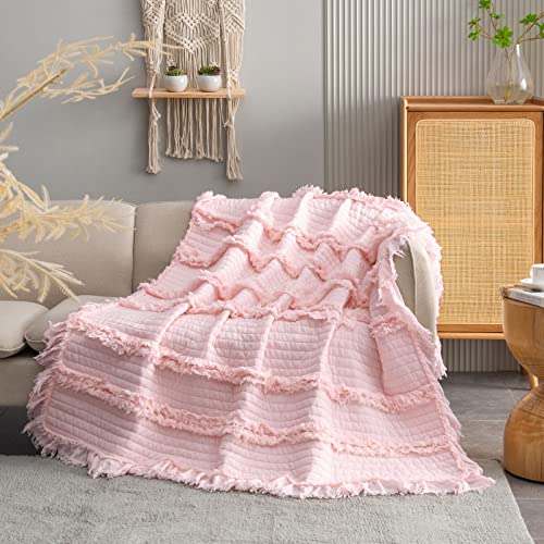 Ultra Soft Pre-Washed Quilted Throw Blanket, Ruffle Fringed Pink Boho Decorative Throw, Stone Washed Chic Rustic Blanket for Sofa Couch Bed Chair, 50"x 60"