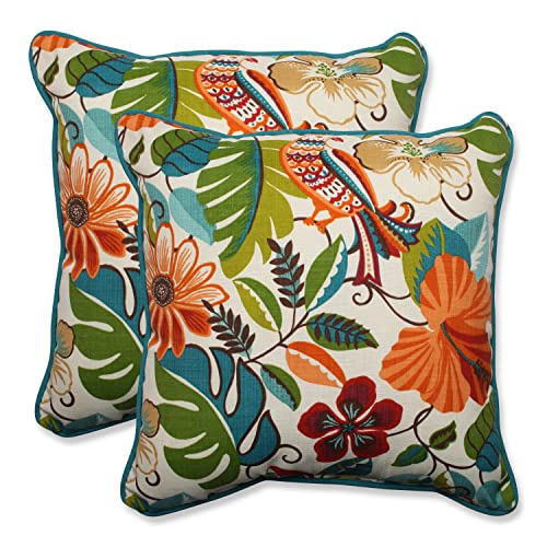Pillow Perfect Tropic Floral Indoor/Outdoor Accent Throw Pillow, Plush Fill, Weather, and Fade Resistant, Large Throw - 18.5" x 18.5", Ivory Lensing, 2 Count