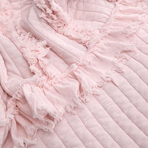 Ultra Soft Pre-Washed Quilted Throw Blanket, Ruffle Fringed Pink Boho Decorative Throw, Stone Washed Chic Rustic Blanket for Sofa Couch Bed Chair, 50"x 60"