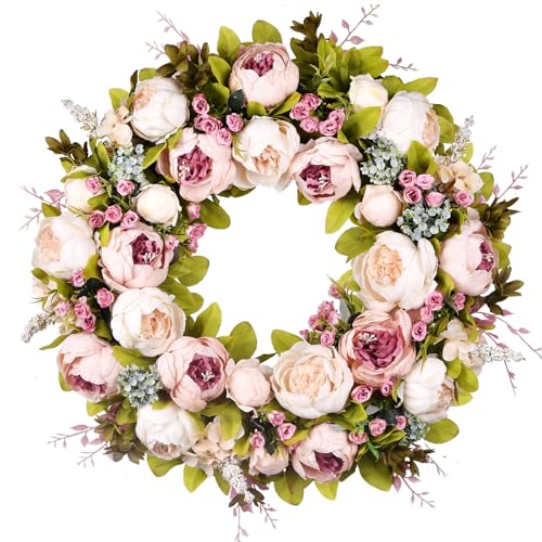 Front Door Wreath, 22 Inch Spring Wreath Handmade Peony Rose Door Summer Wreath for Outdoor Front Door, Wall and Window Decor