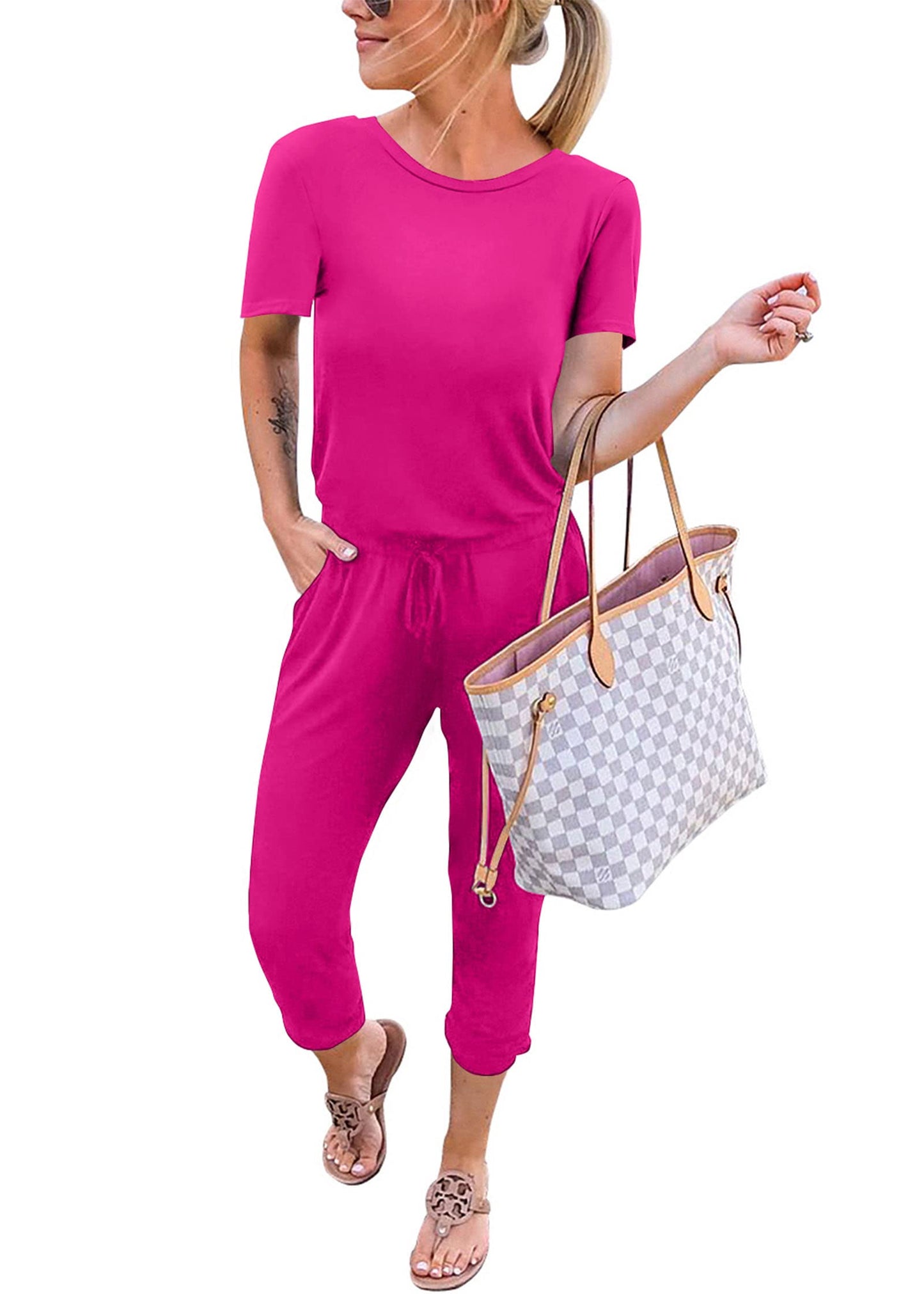 KIRUNDO 2024 Women's Casual Summer Jumpsuits Short Sleeve Crewneck Drawstring Elastic Waist Jumpsuit Romper With Pockets(Rose Red, Small)