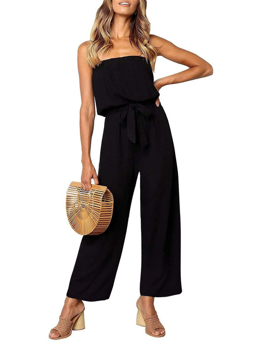 ZESICA Women's 2024 Casual Off Shoulder Solid Color Strapless Belted Wide Leg Jumpsuit Romper,Black,Medium