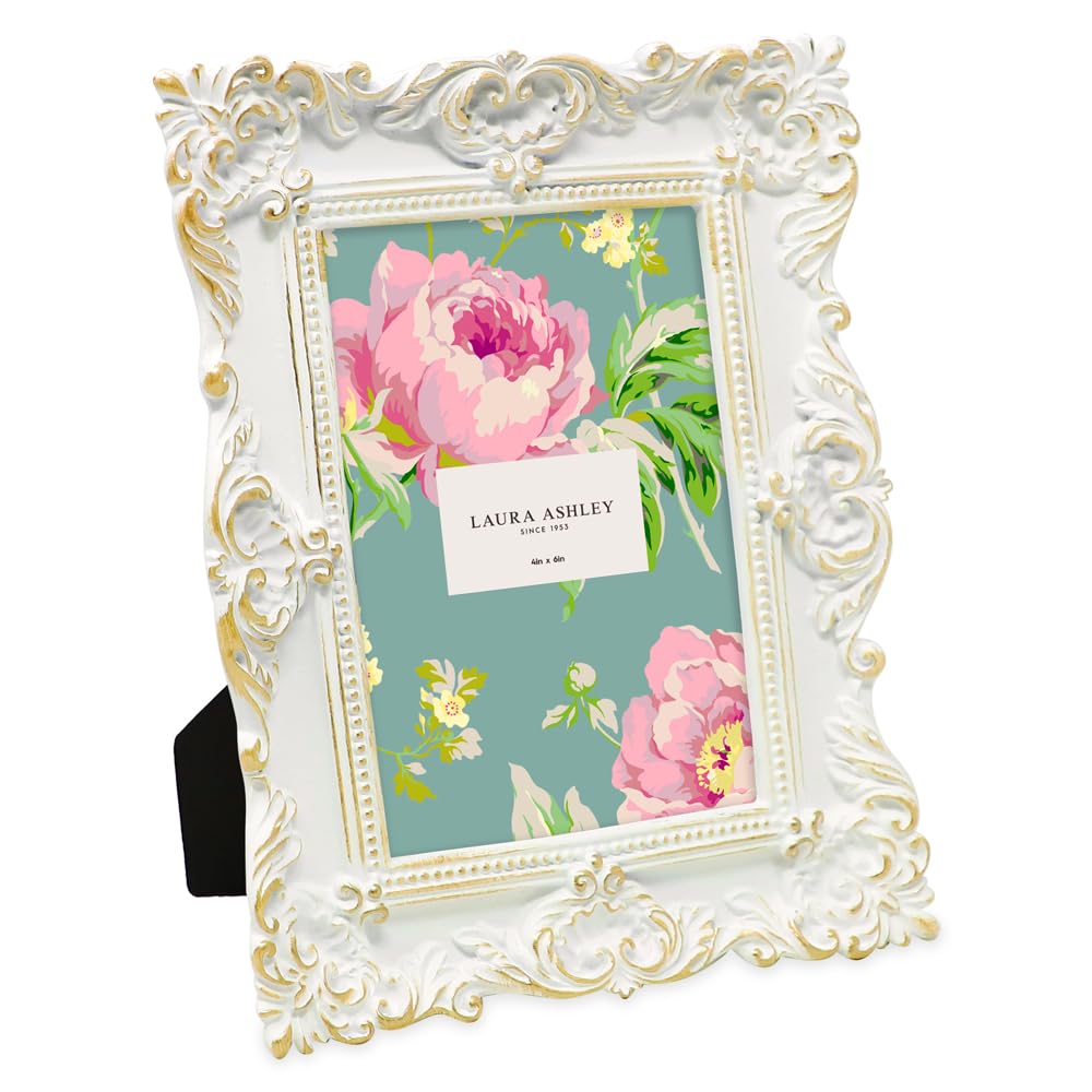 Laura Ashley 4x6 White & Gold Ornate Textured Hand-Crafted Resin Picture Frame w/Easel & Hook for Tabletop & Wall Display, Decorative Floral Design Home Décor, Photo Gallery, Art (4x6, White/Gold)