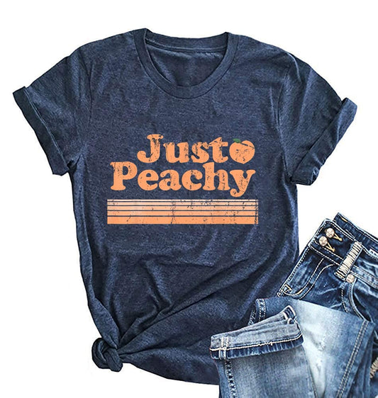 Ykomow Just Peachy T Shirt Womens Short Sleeve Casual Summer Graphic Tees Tops (S, Navy)