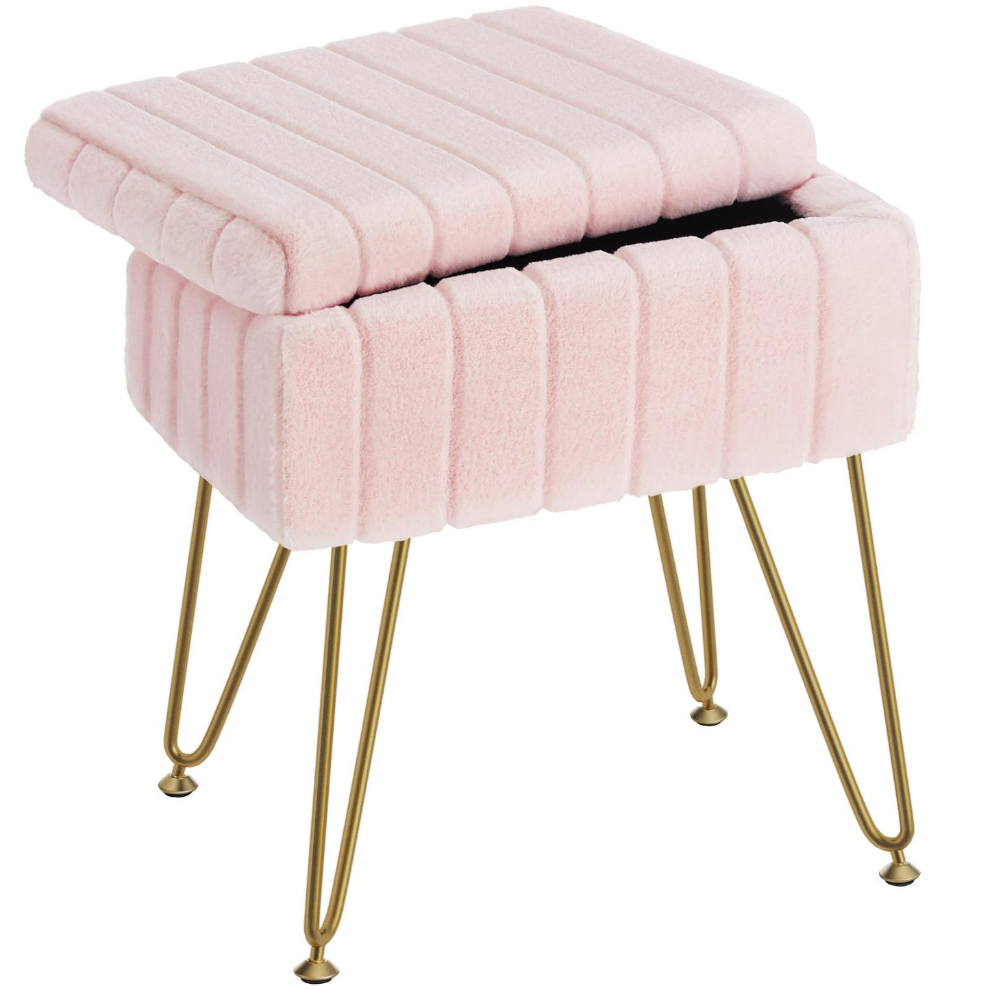 Vanity Stool Chair Faux Fur with Storage, 15.7"L x 11.8"W x 19.4"H Ottoman, Furry Padded Seat, Modern Makeup Bedroom Pink