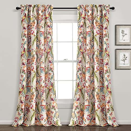 Lush Decor Dolores Light Filtering Window Panels, Pair, 52" W x 84" L, Neutral & Multi - Toile Curtains - Floral Bird Print - Grandmillennial & French Country Curtain - Cottage & Maximalist Home Decor