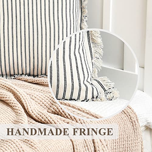 Chic Striped Throw Pillow Covers with Fringe 18”x18” Set of 2