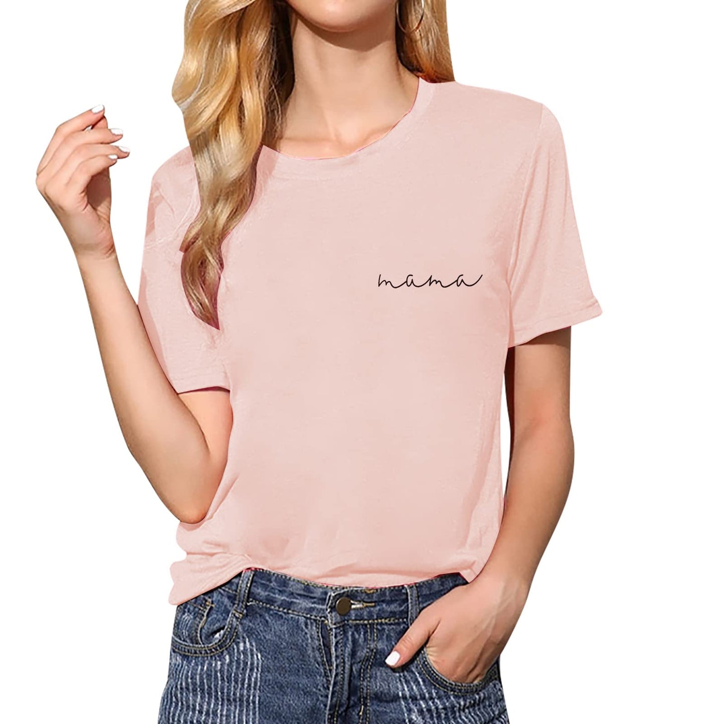 ASTANFY Mama Shirts Women Mama Letter Printed T-Shirt Mama Graphic Tee Casual Short Sleeve Tops Tee (Pink, Short Sleeve, X-Large)