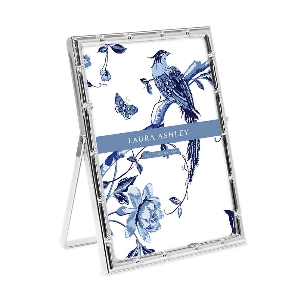 Laura Ashley 5x7 Silver Bamboo Metal Picture Frame (Vertical) with Pull-Out Easel Stand, Made for Tabletop, Counterspace, Shelf and Desk