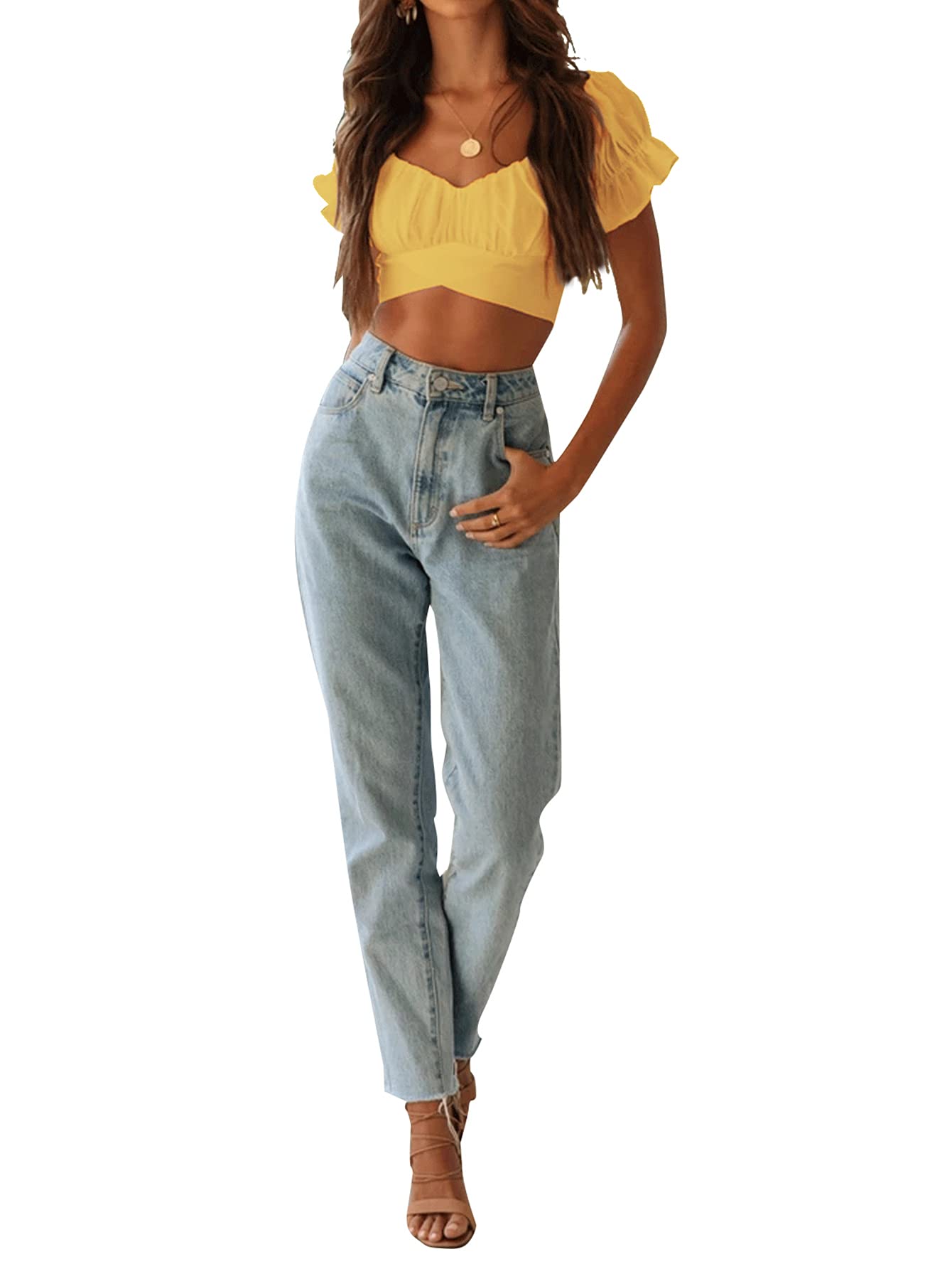 LYANER Women's Ruffle Short Sleeve Tie Up Back Crop Top Off Shoulder Bardot Blouse Yellow X-Small