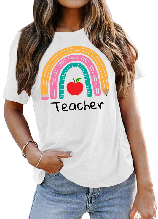 Teacher Shirt for Women Teach Rainbow Leopard Graphic Tee Tops Teachers Gift Teach Inspire T Shirt