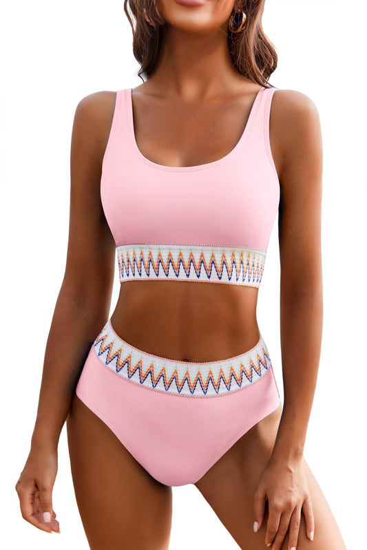 Womens High Waisted Bathing Suit 2 Piece Athletic Swimsuits Push Up Scoop Neck Bikinis Sets Misty Rose