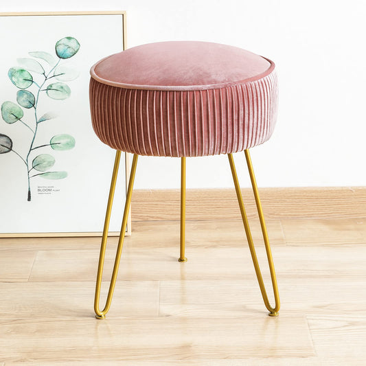 LUE BONA Pleated Vanity Stool, Velvet Upholstered Vanity Stool for Makeup Room, Round Mondern Stool for Vanity, Ottoman Footrest Stool with Metal Legs for Living Room, Bedroom, Pink