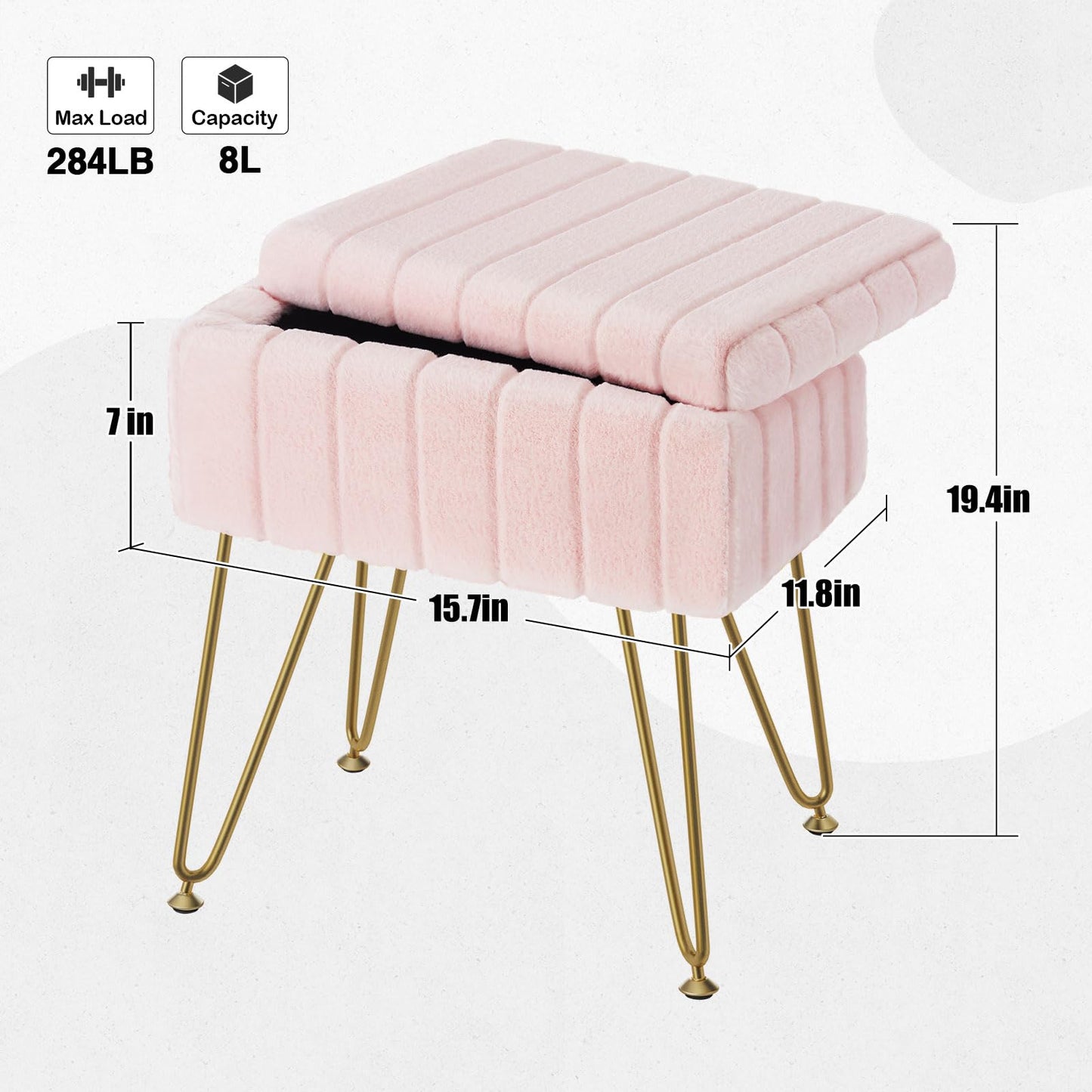 Vanity Stool Chair Faux Fur with Storage, 15.7"L x 11.8"W x 19.4"H Ottoman, Furry Padded Seat, Modern Makeup Bedroom Pink