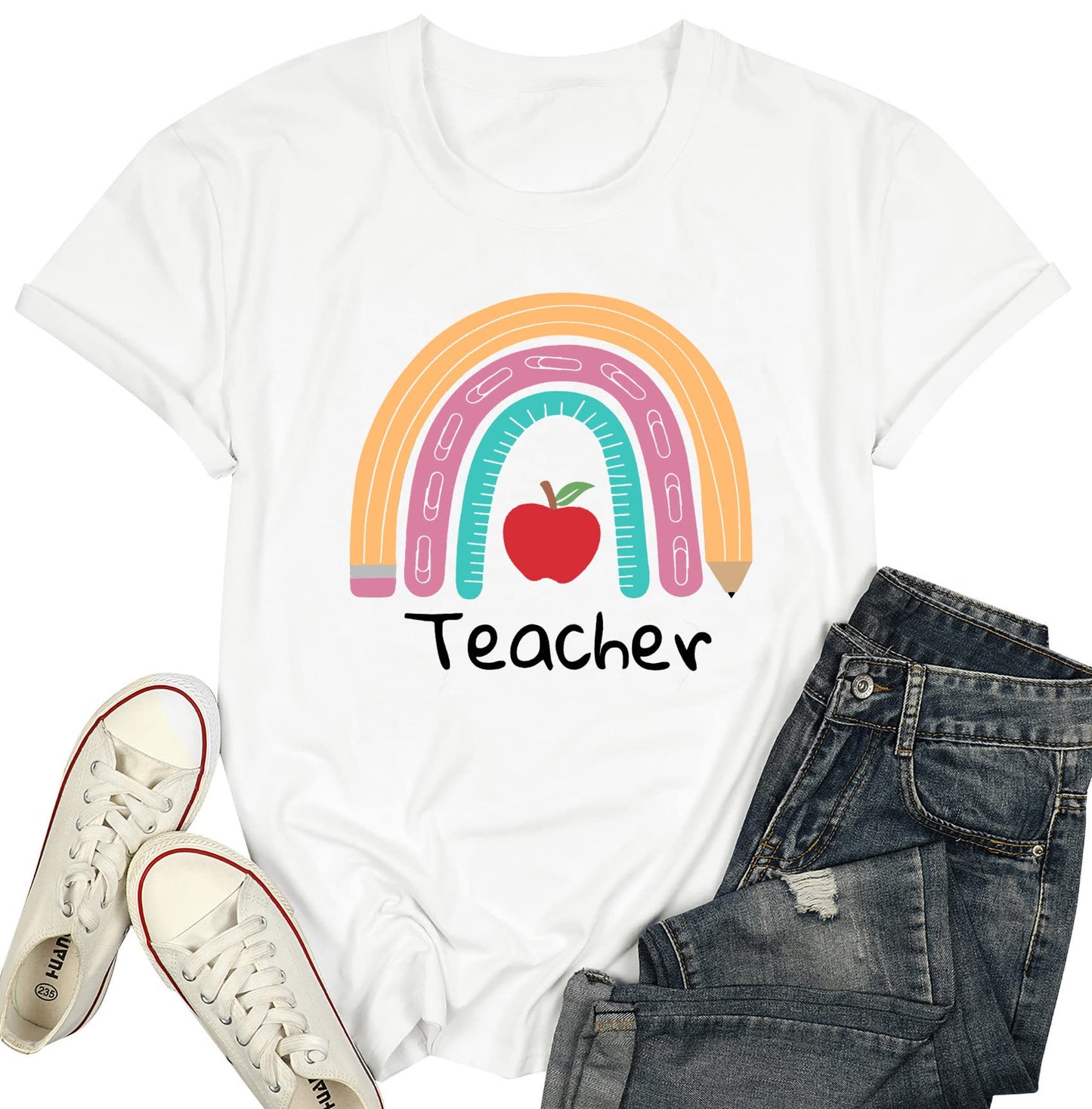 Teacher Shirt for Women Teach Rainbow Leopard Graphic Tee Tops Teachers Gift Teach Inspire T Shirt