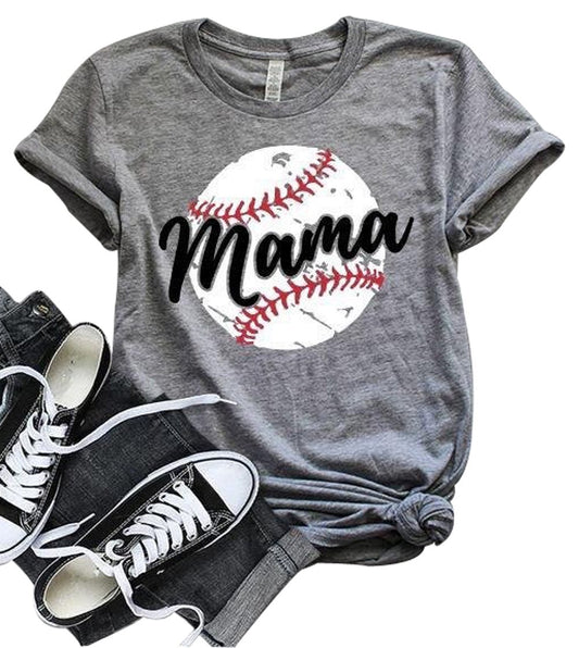 LONBANSTR Women Baseball Mom Mama Letter Print T Shirt Short Sleeve Tops Tee (Large, Gray)